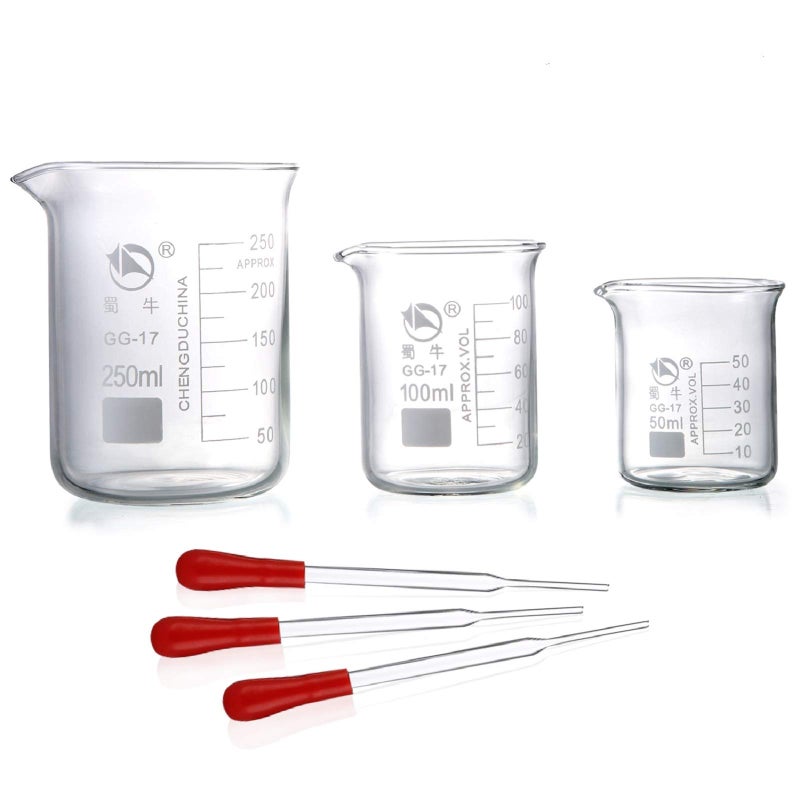 Young4us Glass Beakers, Pack of 6 Low Form Measuring & Droppers Set, 3 Graduated Griffin Beakers in 3 Sizes with Scales, 250ml, 100ml, 50ml, 3 Glass Droppers Without Scales (3ml per Drop) - Image 1